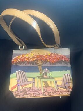 Beach Scene Printed Shoulder Bag in Tan and Multi